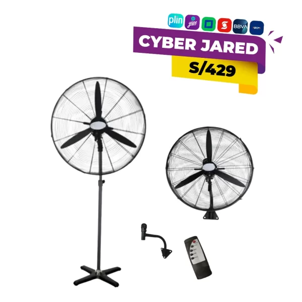 Ventilador de pedestal de uso rudo Wayra WI-3002, con un cabezal de 30 pulgadas, cuerpo de metal negro o gris y base de altura ajustable.