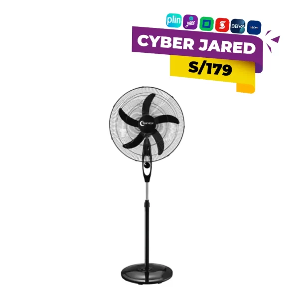 Ventilador de pedestal Trevely VT-2080, de 20 pulgadas de diámetro, con rejilla protectora, base redonda y altura ajustable.