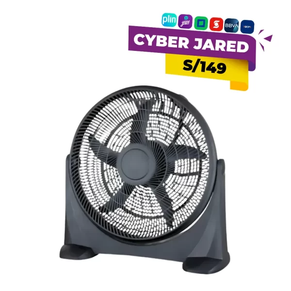 Ventilador de piso (tipo 'turbina') Evolution EFF-20 de 20 pulgadas, de color negro, con rejilla metálica y base de apoyo para ajustar la inclinación.