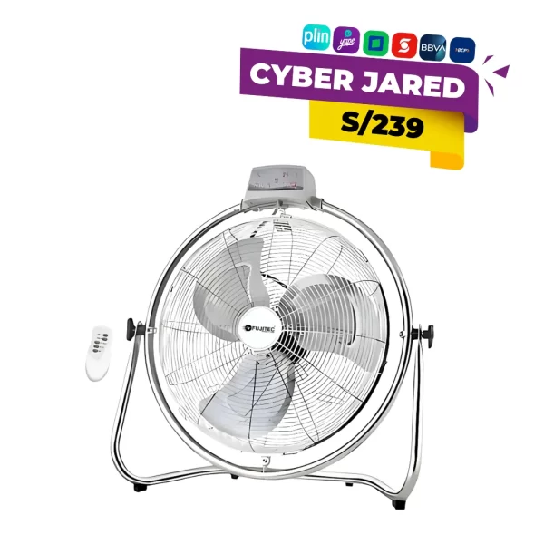 Ventilador de piso industrial Fujitec CF-2014 de 20 pulgadas, con carcasa metálica, motor de 180 Watts y un control remoto.