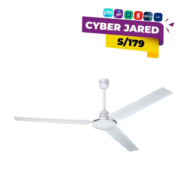 Ventilador de techo Visionner VX-FN1507 de 56 pulgadas, de color blanco, con tres aspas largas y barra de suspensión para montaje.