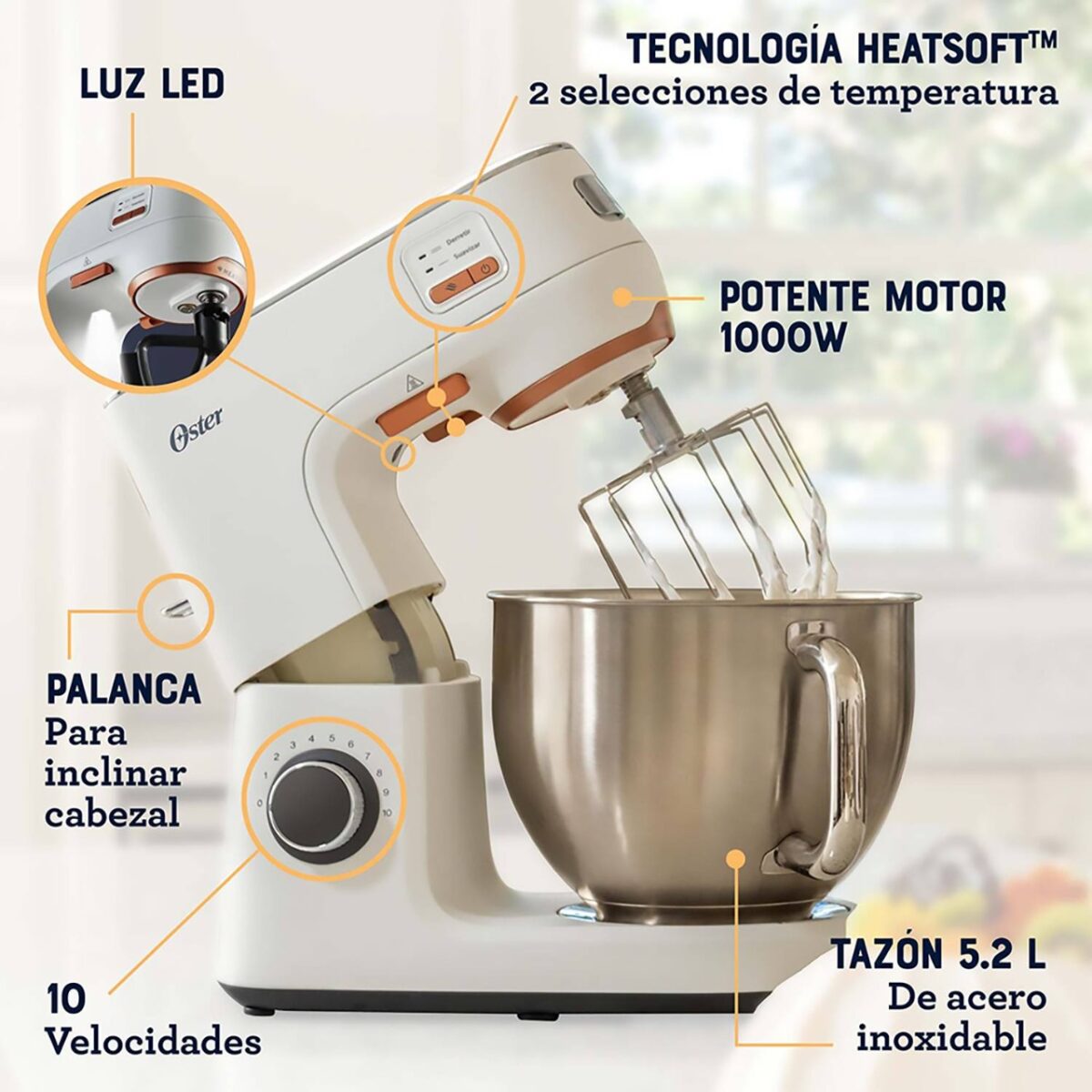Batidora Planetaria Oster 5.2L Heatsoft FPSTSMPL4W Blanco - Imagen 3