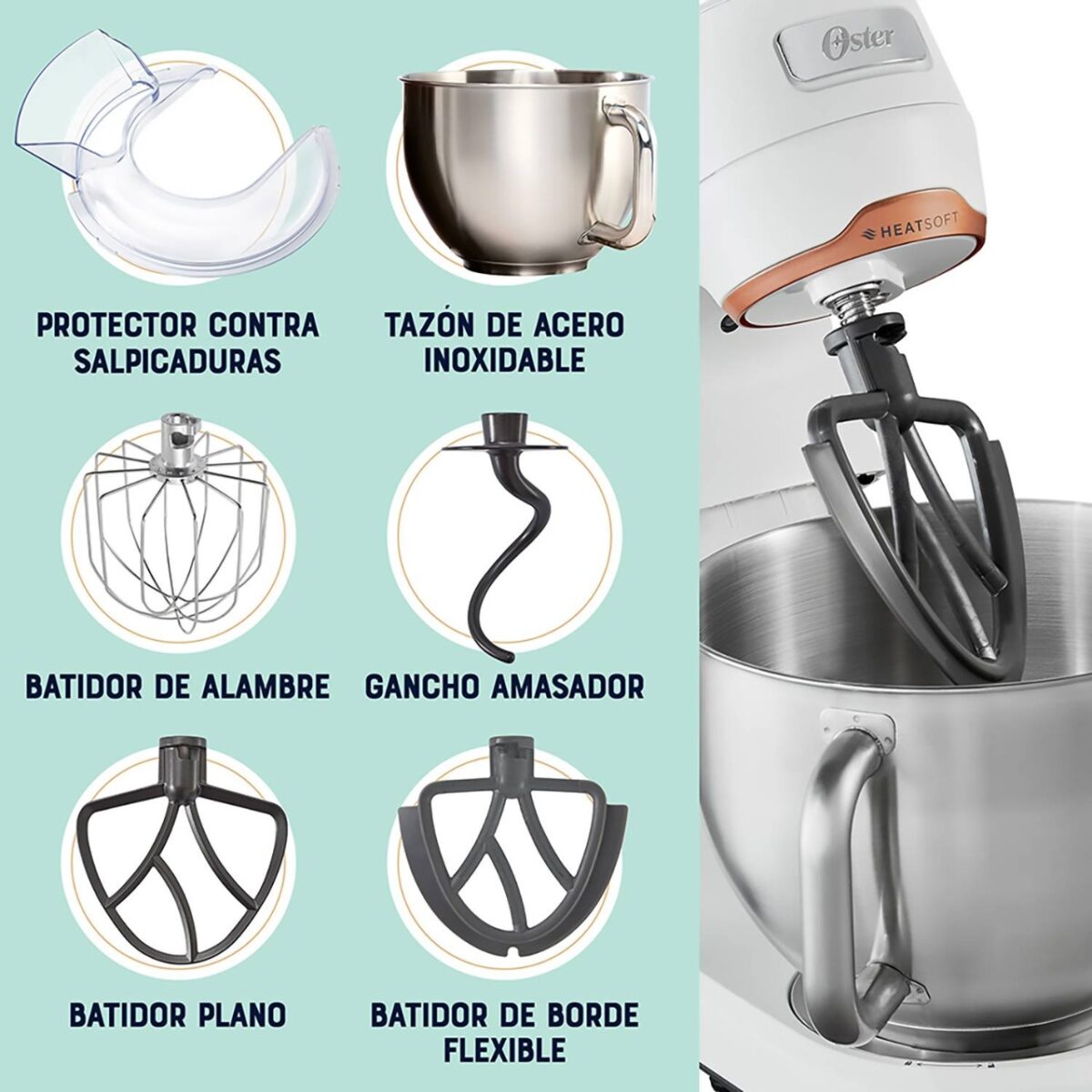 Batidora Planetaria Oster 5.2L Heatsoft FPSTSMPL4W Blanco - Imagen 6