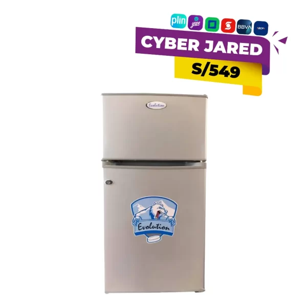 Frigobar Evolution de 105L color silver con 2 puertas, compacto y eficiente.