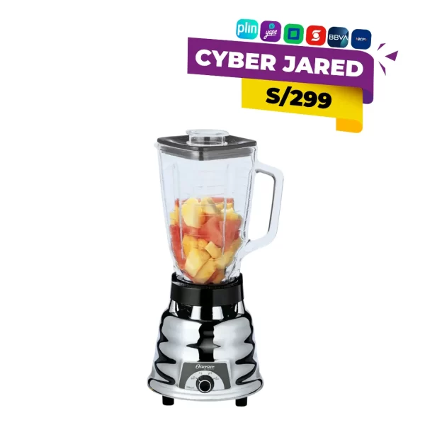 Licuadora Oster clásica modelo 250-22 con vaso de vidrio de 1.25 litros, base cromada y control de 2 velocidades.