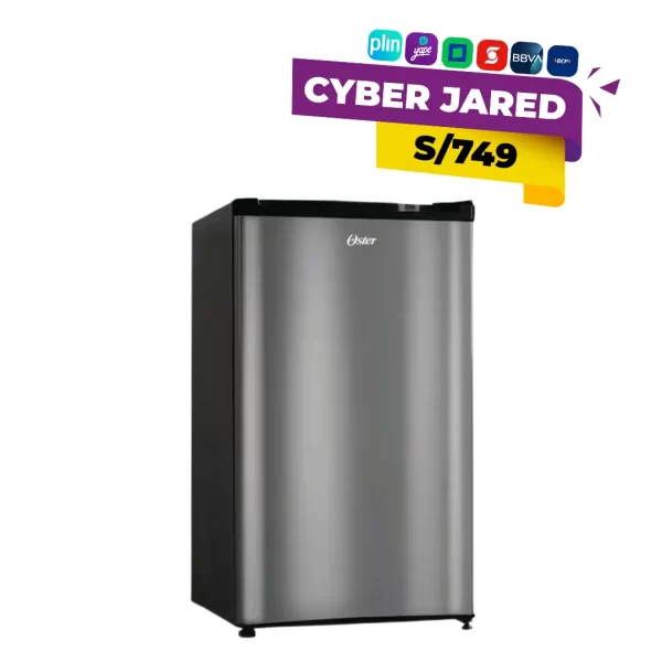 Frigobar (mini refrigeradora) Oster OS-PMBME125SS de 125 litros, con puerta de acabado plateado (acero inoxidable) y congelador interior.