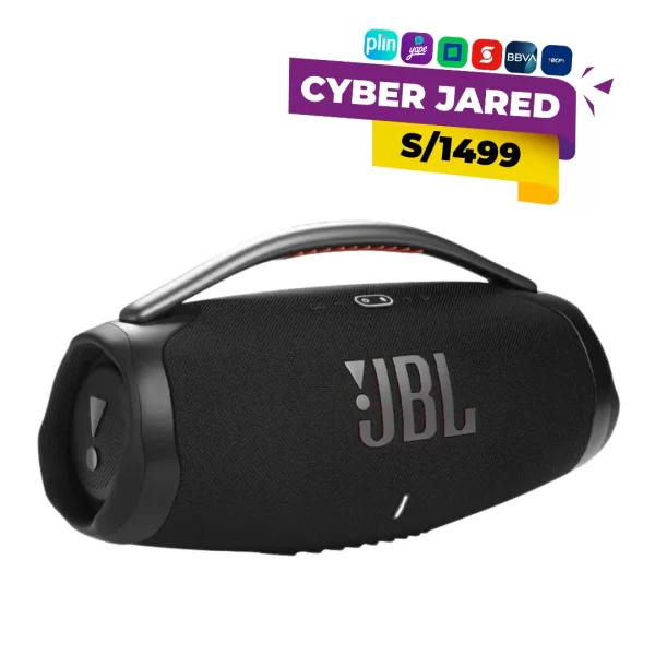 Parlante inalámbrico portátil JBL Boombox 3 de color negro, con diseño cilíndrico robusto, asa de transporte de metal y rejilla de tela.