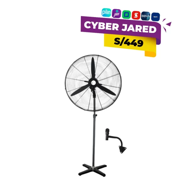 Ventilador industrial marca Trevely de 30 pulgadas modelo VT-30A, diseño 2 en 1 para pared y pedestal con 3 aspas metálicas negras.