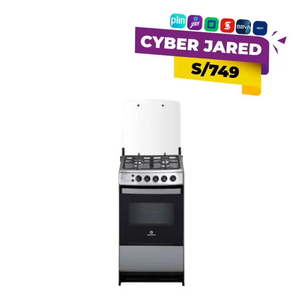 Cocina de pie Indurama Bilbao Spazio Plus de 4 quemadores con tablero de acero inoxidable, tapa de vidrio templado y acabados en color croma.