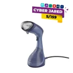 Vaporera de mano compacta color azul/morado con cepillo incorporado, ideal para eliminar arrugas y desinfectar prendas de manera rápida y portátil.