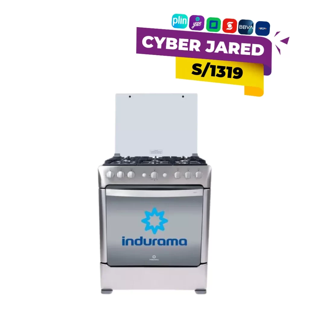 Cocina de pie Indurama Parma Zafiro Croma de 6 quemadores con tablero de acero inoxidable, quemador triple llama, parrillas de hierro fundido y encendido eléctrico.