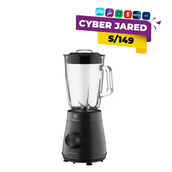 Licuadora Electrolux EBS20 de 500W en color negro con tecnología TruFlow, jarra de vidrio y cuchillas de acero inoxidable.