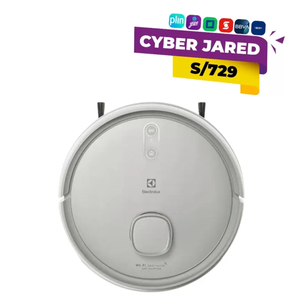 Aspiradora robot Electrolux ERB62 blanca, funcional 4 en 1 con Wi-Fi, mapeo inteligente de 360 grados y control por aplicación.