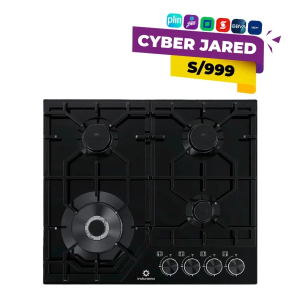 Cocina empotrable a gas Indurama modelo EGASI 604CGNE de 4 hornillas en vidrio templado negro, con quemador triple llama y parrillas de hierro fundido.