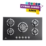 Encimera empotrable a gas Indurama modelo EGI-905VDNEG con 5 hornillas, tablero de vidrio templado negro, quemador triple llama y parrillas de hierro fundido.