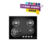 Encimera multigas Indurama EGI-604VDNEG de 4 quemadores con tablero de vidrio templado negro, quemador triple llama y parrillas de hierro fundido.