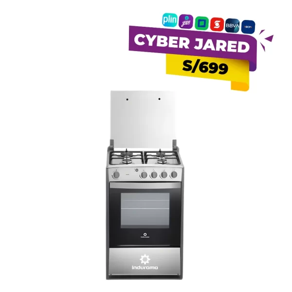 Cocina de pie Indurama Fontana Spazio 3 de 4 quemadores, con tablero de acero inoxidable, encendido electrónico y tapa de cristal templado.