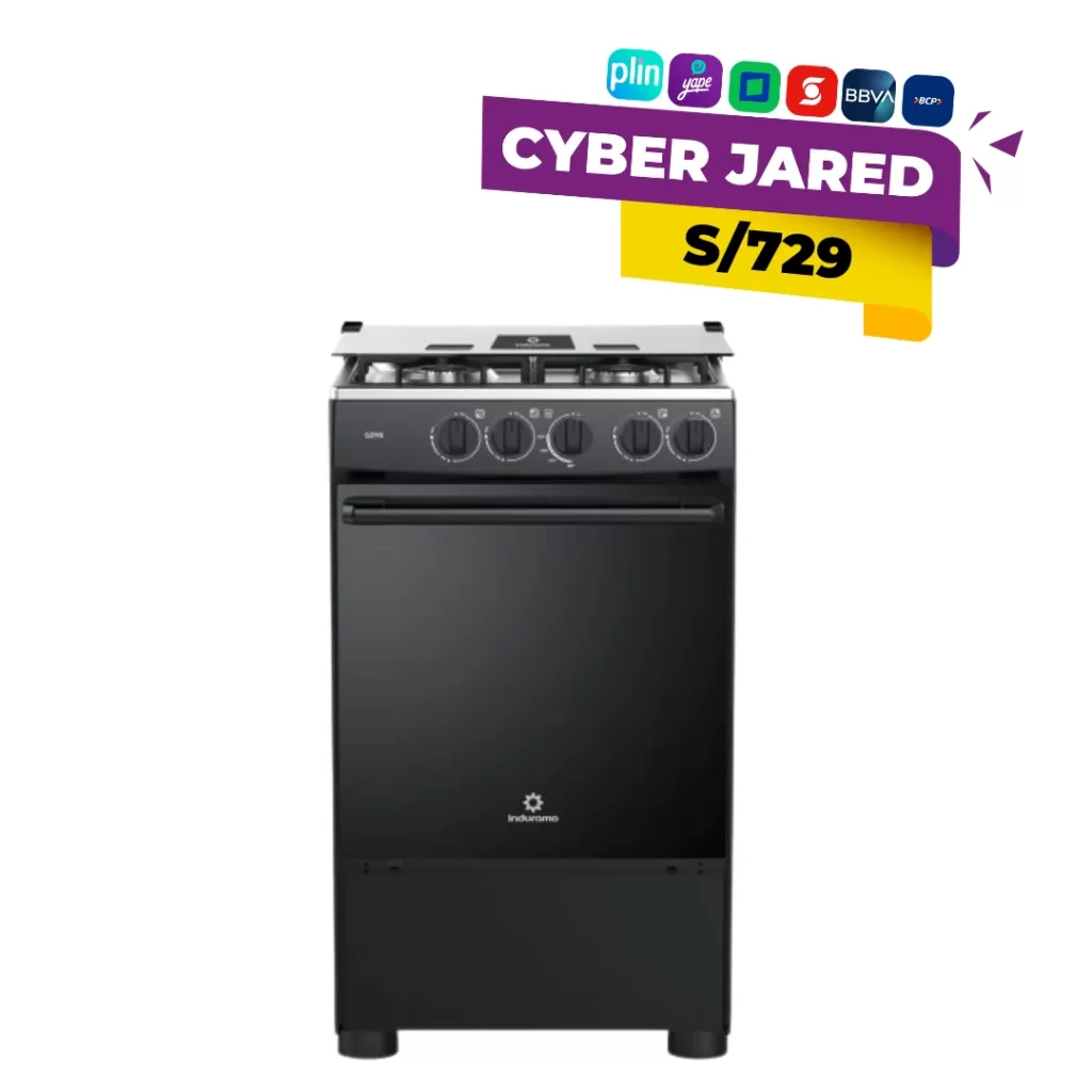 Cocina de pie Indurama modelo Goya de 4 quemadores a gas, con tablero de acero inoxidable, tapa de cristal templado y acabado en color negro.