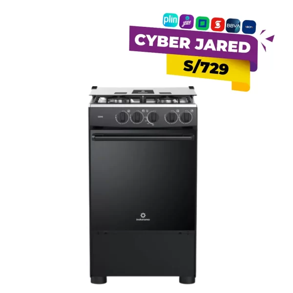 Cocina de pie Indurama modelo Goya de 4 quemadores a gas, con tablero de acero inoxidable, tapa de cristal templado y acabado en color negro.