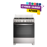 Cocina de pie Electrolux con 6 quemadores a gas, tapa de cristal templado, y amplio horno con puerta espejada y acabado en acero inoxidable.