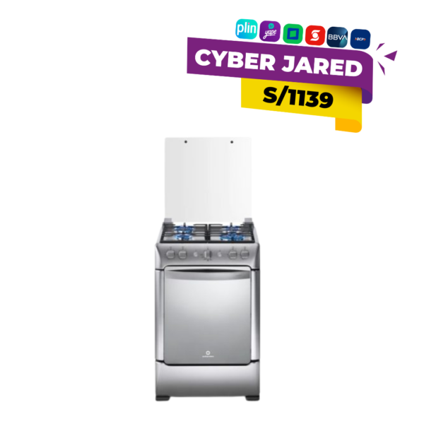 Cocina de pie Indurama Granada Zafiro Croma de 4 quemadores con tablero de acero inoxidable, parrillas de hierro fundido y encendido eléctrico.