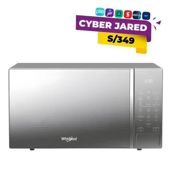 Microondas Whirlpool modelo WM2011D de 30 litros con acabado frontal tipo espejo y panel digital.
