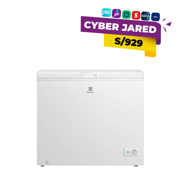 Congelador horizontal Electrolux modelo EFH25S2P4AW de 251 litros en color blanco, con manija ergonómica, cerradura con llave y panel de control frontal.