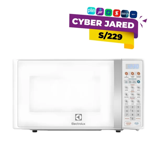 Microondas Electrolux modelo EMD017S2GSRUW de 17 litros en color blanco con panel digital y funciones de cocción automática.