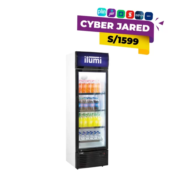 Visicooler exhibidor vertical Ekipar de 290 litros, modelo EVC-290FR, en color negro con puerta de vidrio templado e iluminación LED interna.