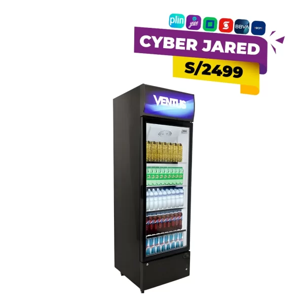 Visicooler exhibidor vertical Ventus modelo LG-380 de 380 litros con sistema Turbo Cooling, cenefa iluminada, puerta de vidrio templado e iluminación LED.