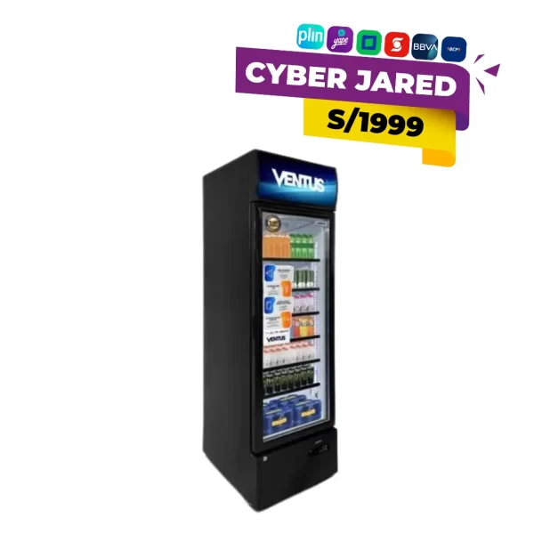 Visicooler exhibidor vertical Ventus modelo LG-290C de 292 litros con sistema Turbo Cooling, cenefa iluminada, puerta de vidrio templado e iluminación LED interna.