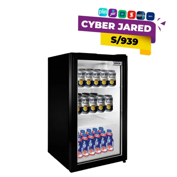 Visicooler compacto Ventus modelo LG-100 de 110 litros en color negro con puerta de vidrio templado, iluminación interna y parrillas ajustables.