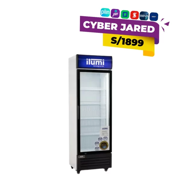 Exhibidor vertical Ilumi modelo BC-3500BK de 350 litros en color negro con puerta de doble vidrio templado, iluminación LED y 4 repisas regulables.