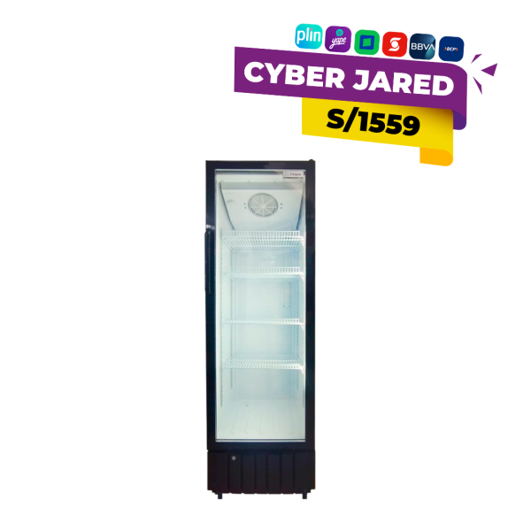 Visicooler exhibidor vertical Ekipar modelo EVC-290FR de 290 litros en color negro con puerta de vidrio templado, iluminación LED y parrillas ajustables.