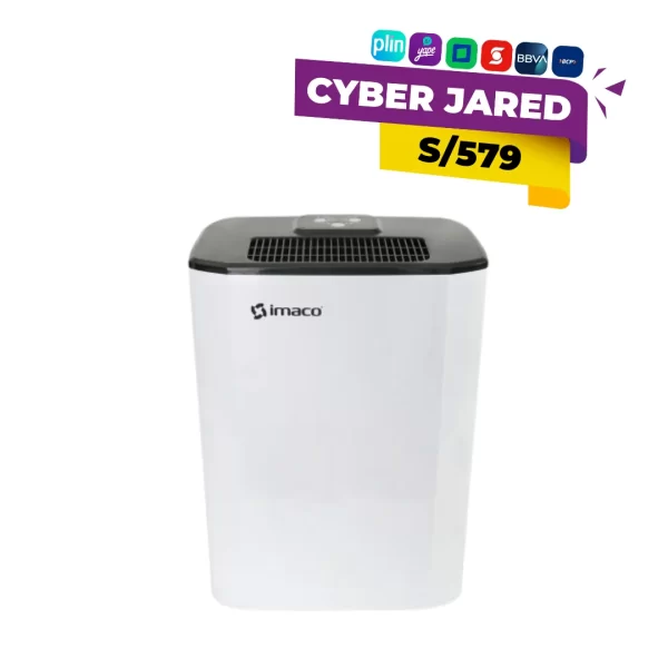 Deshumedecedor digital Imaco modelo DHE1002 de 10 litros en color blanco, con panel de control superior, rejilla de ventilación y diseño compacto.