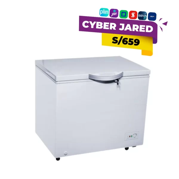 Congeladora horizontal Electrolux modelo EFCC20C2HQW de 145 litros en color blanco, con manija ergonómica, cerradura con llave y panel de control frontal.