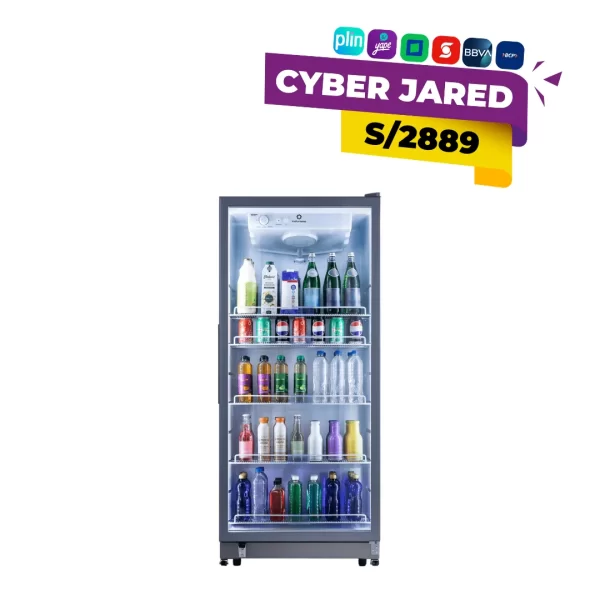 Vitrina exhibidora vertical Indurama VFV-520 de 410 litros en color gris, con puerta de vidrio templado, iluminación LED y bandejas ajustables.