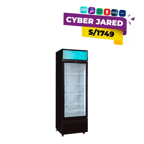 Visicooler exhibidor vertical marca Ekipar modelo EVC-350FR de 350 litros en color negro con cenefa iluminada, puerta de vidrio templado y 5 niveles de exhibición.