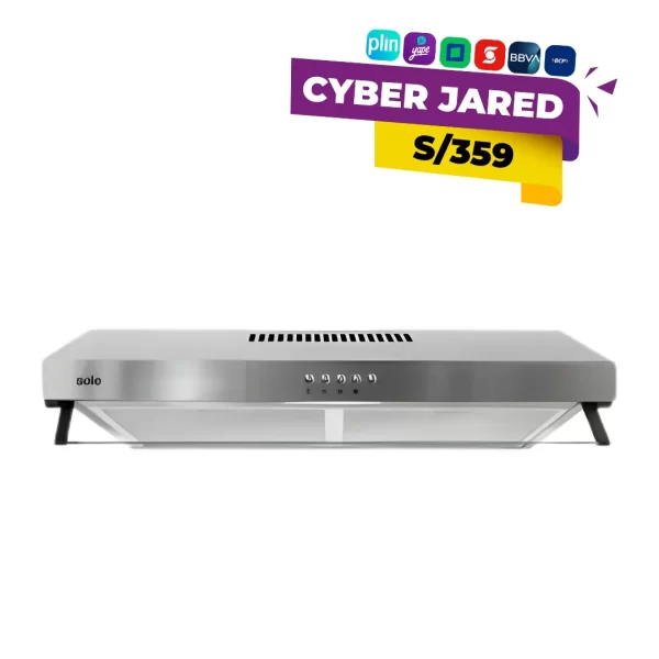 Campana extractora de cocina marca Sole modelo TURE15COV2 de 60 cm en acero inoxidable, con visera de vidrio ajustable y mandos de pulsación.