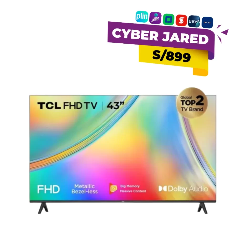 Smart TV TCL de 43 pulgadas modelo 43S5400A con resolución Full HD, diseño metálico sin bordes, Android TV y Dolby Audio.