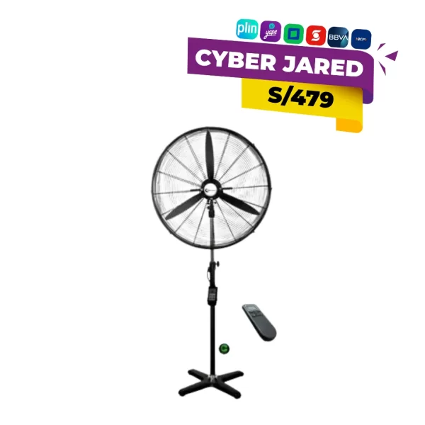 Ventilador industrial marca DAJU modelo DT-31C de 30 pulgadas, versión 2 en 1 (pedestal y pared), con 3 aspas metálicas y control remoto.