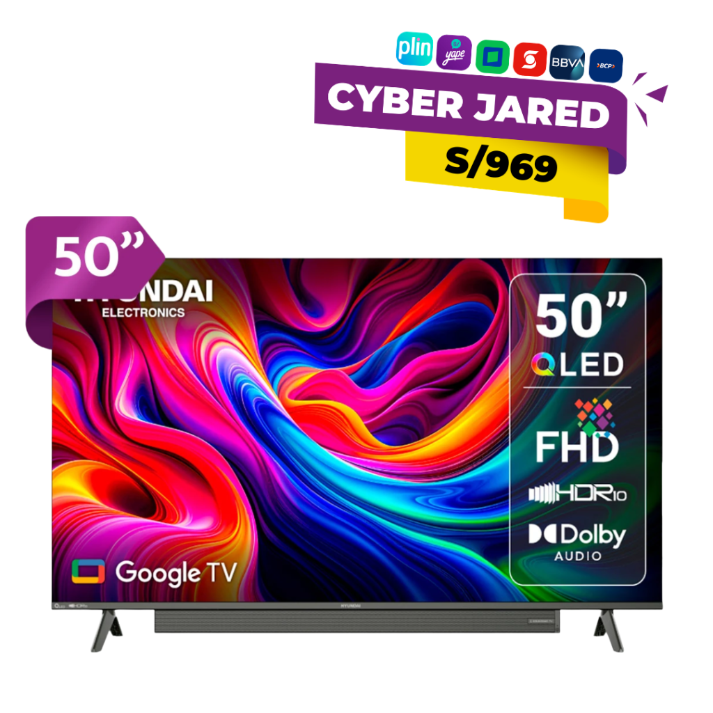Smart TV Hyundai de 50 pulgadas modelo HYLED5029QFG con tecnología QLED, resolución Full HD, sistema operativo Google TV y sonido Dolby Audio.
