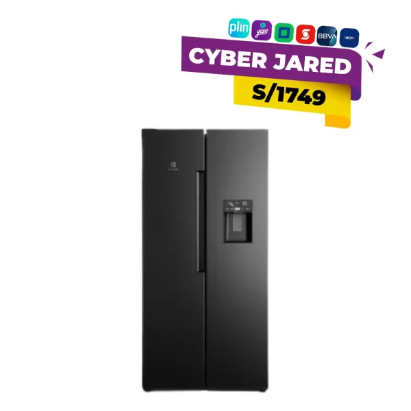 Refrigeradora Side by Side Electrolux de 419 litros en color negro, modelo ERS45F2P5EB con tecnología AutoSense, motor Inverter y dispensador de agua.