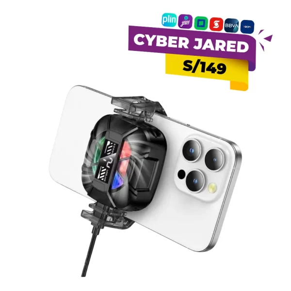 Ventilador cooler para celular marca Hoco con luces RGB, diseño ergonómico para videojuegos y pantalla digital de temperatura.