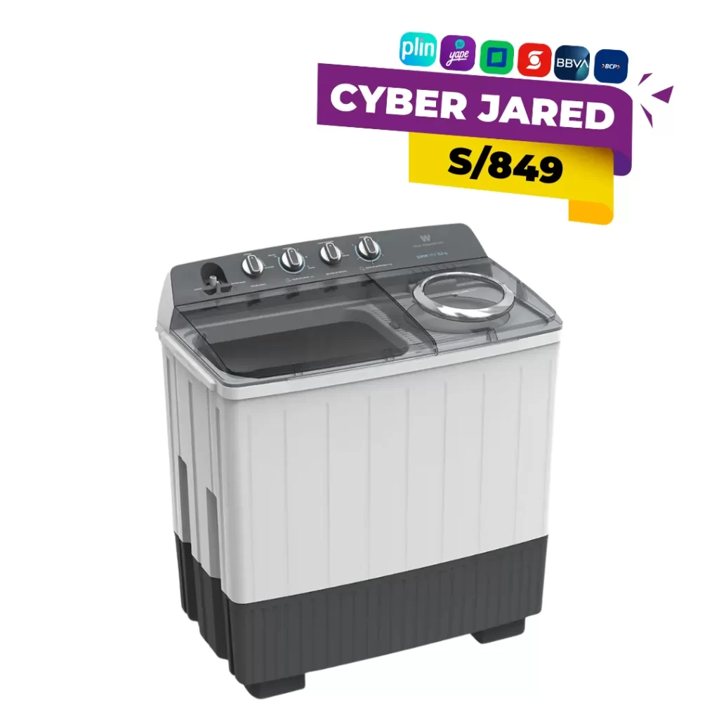 Lavadora semiautomática White-Westinghouse de 13kg modelo WWTM13M2XSWW en color blanco con diseño de doble tina y controles giratorios.