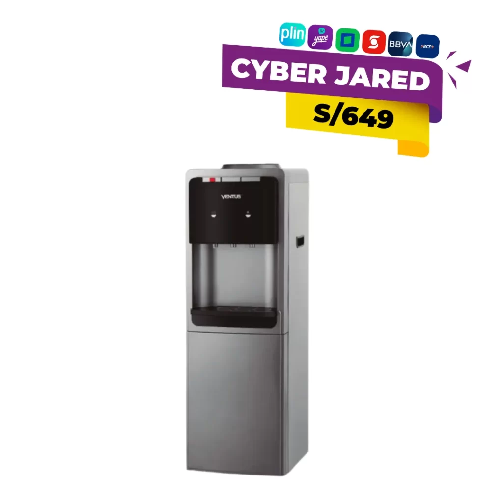 Dispensador de agua vertical marca Ventus modelo VDA-20 en color gris y negro, con tres caños para diferentes temperaturas y diseño elegante.