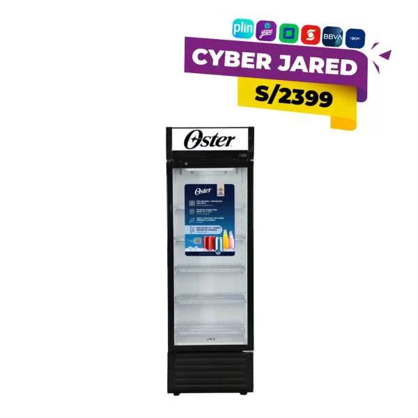 Vitrina exhibidora vertical marca Oster modelo OS-PVSCX356B de 356 litros, con puerta de vidrio Low-E, iluminación interna y 5 niveles de exhibición.