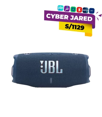 Parlante portátil inalámbrico JBL Charge 6 en color azul con diseño cilíndrico, tejido resistente y logotipo frontal de JBL.