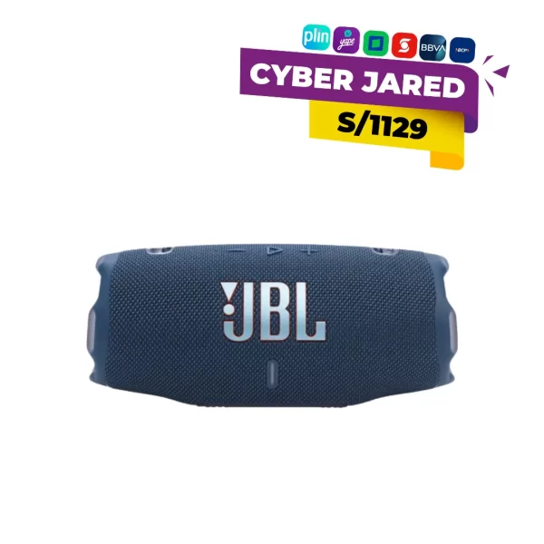 Parlante portátil inalámbrico JBL Charge 6 en color azul con diseño cilíndrico, tejido resistente y logotipo frontal de JBL.