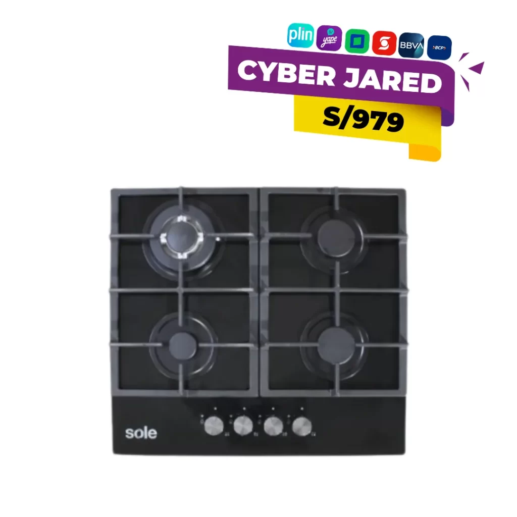 Encimera a gas marca Sole modelo SOLCO045V2 de 60cm con tablero de vidrio templado negro, 4 quemadores y parrillas de hierro fundido.